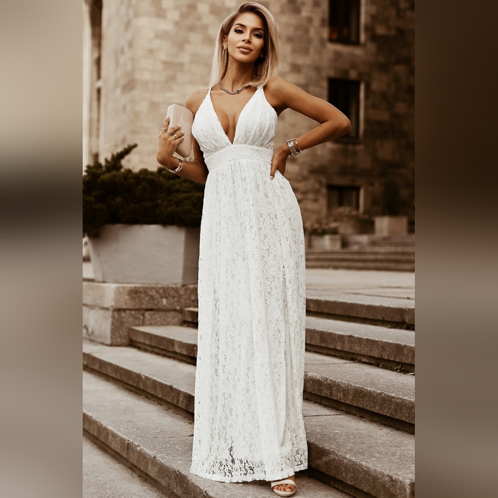 LAST ONE! White Lace Maxi Dress With V-Neck